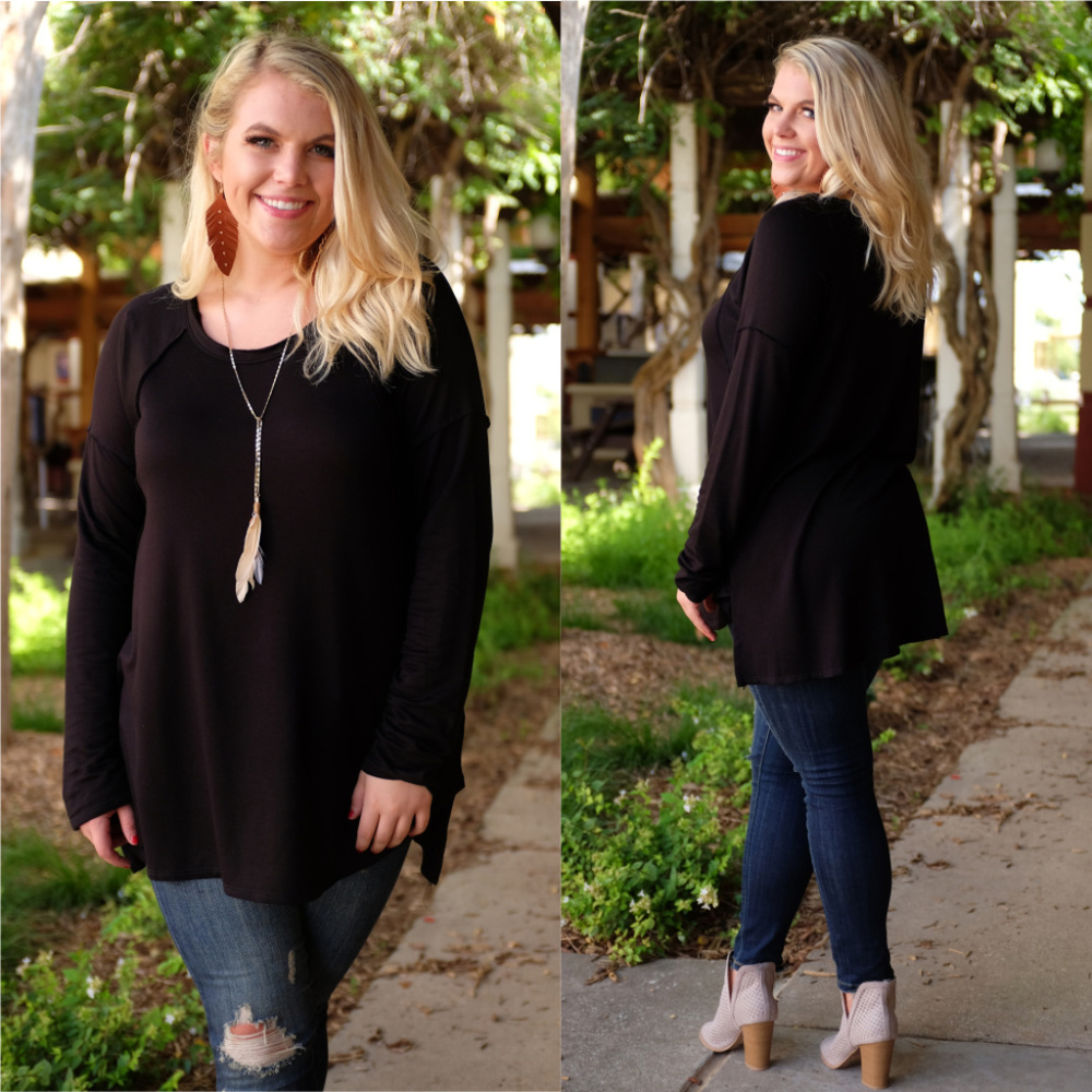 Black Long Sleeve Raw Neck Tunic Top